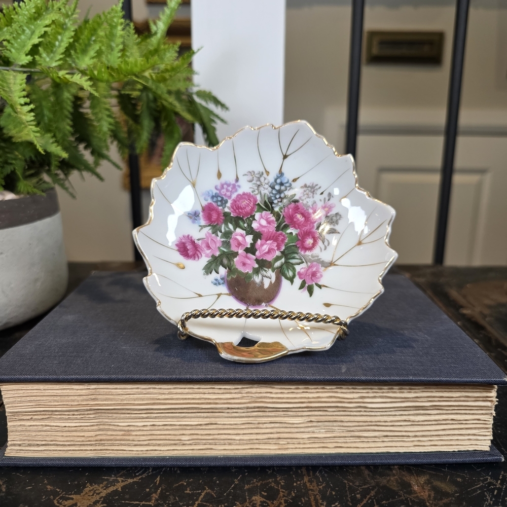 Vintage Japan Porcelain Leaf Dish | Pink Floral Gold Trim Ring Trinket Tray | 4"